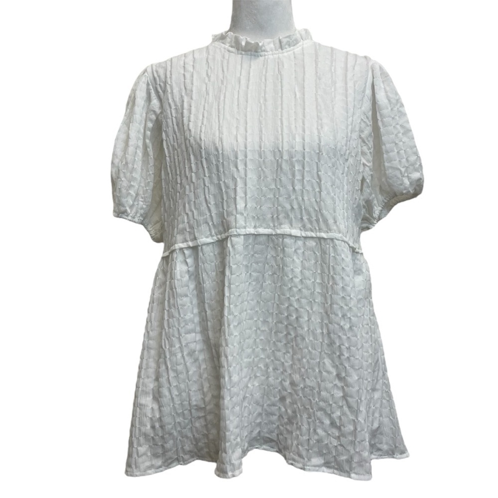 Roolee White Textured Prairie Style Puff Sleeve Tie Back Peasant Blouse